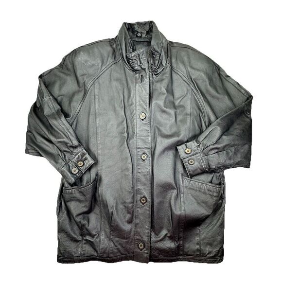 Vintage LEATHER COAT BLACK RAGLAN SLEEVES Women’s Size Large Jacqueline Ferrar - Picture 1 of 11